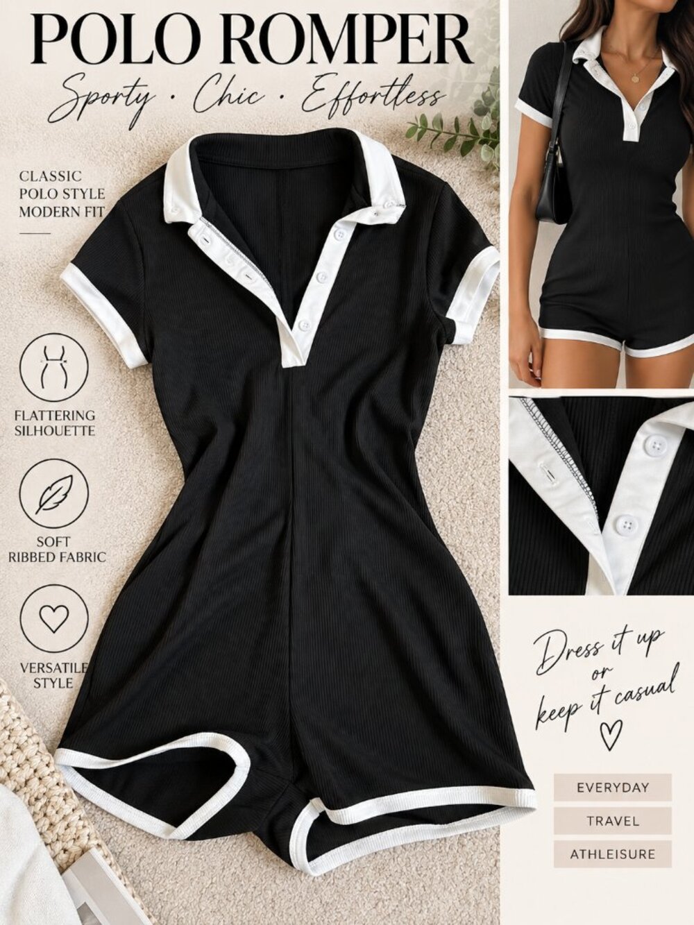 Black & White Ribbed Polo Romper Short Sleeve Sporty Preppy